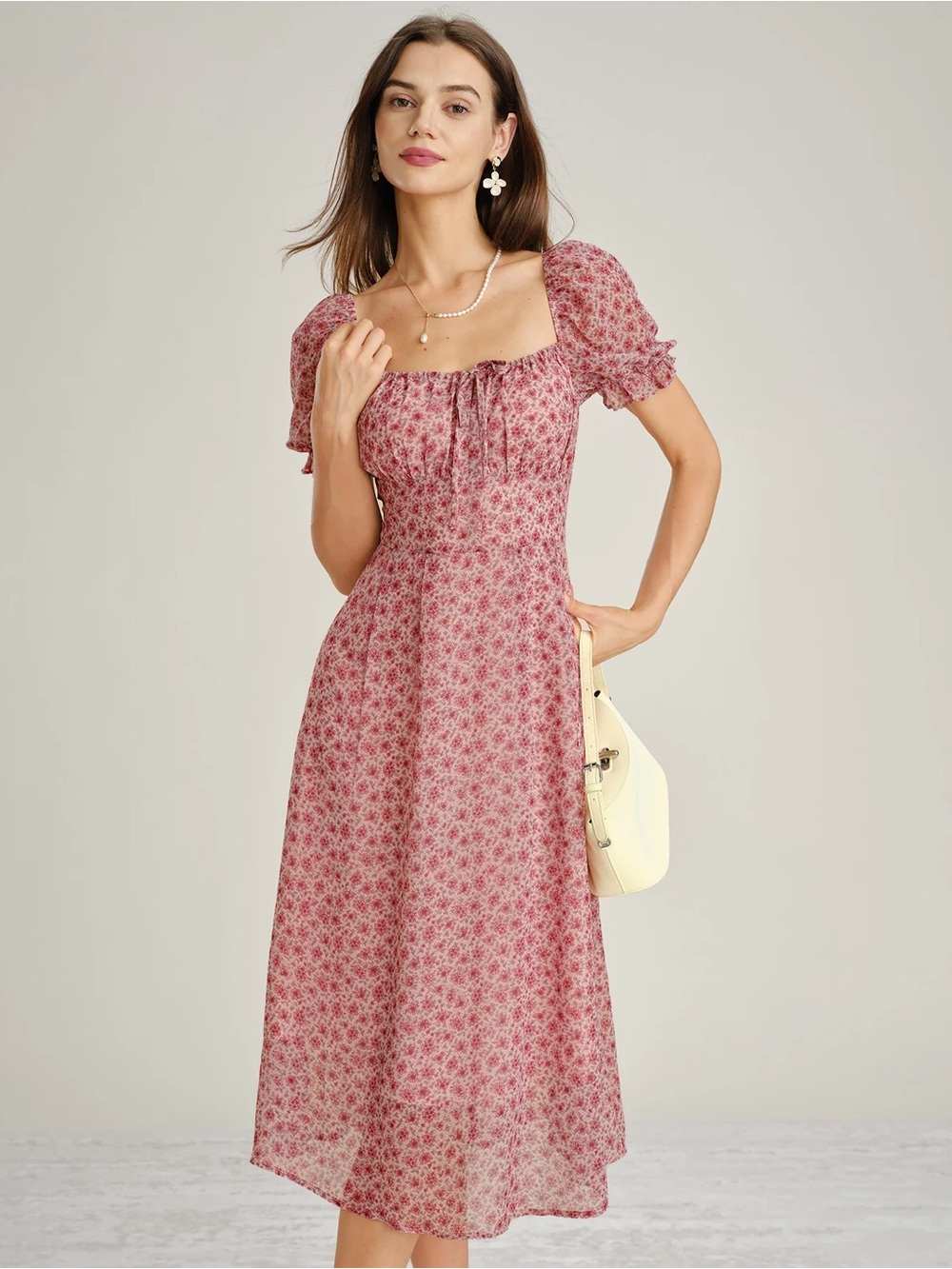 Rihoas Pink Square Neck Floral Chiffon Midi Dress - Picture 4 of 8